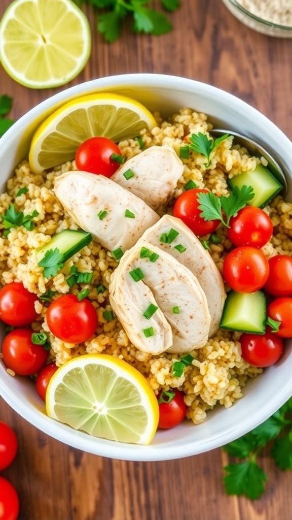 A colorful lemon herb chicken quinoa bowl with vegetables and lemon wedges on a rustic table.